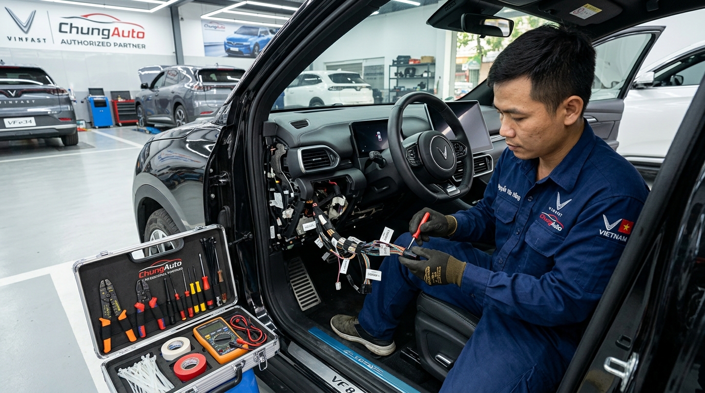 Kỹ thuật viên ChungAuto thi công nâng cấp phụ kiện cắm giắc zin 100% không cắt dây